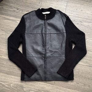 Melrose | Black Genuine Leather Front Zip Knit-Sleeve Jacket Full Moto Medium